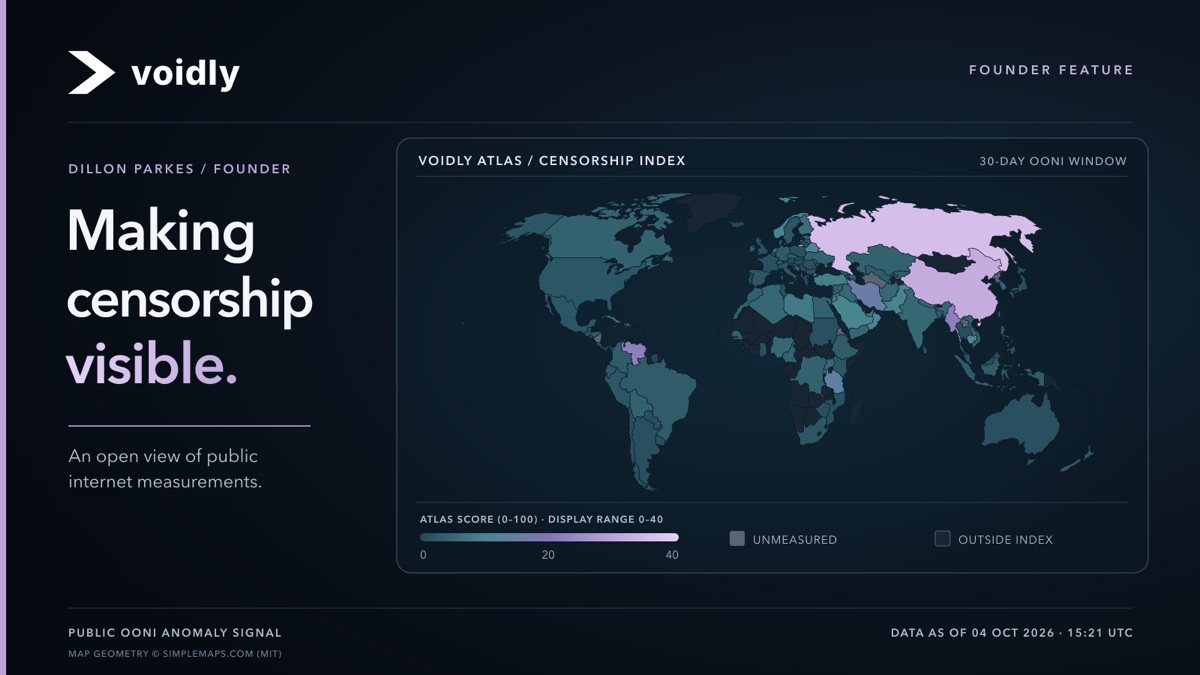 Mapa del índice de censura de Voidly Atlas, 4 de octubre de 2026